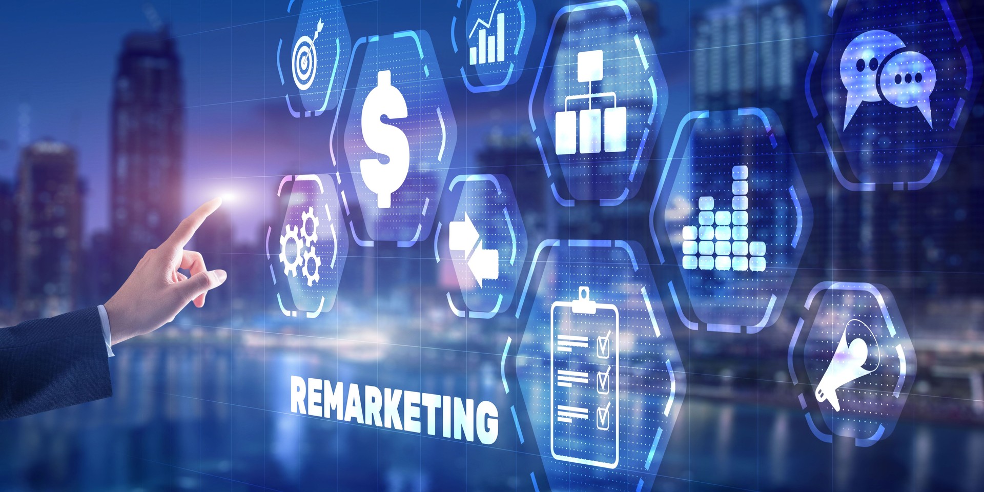 Remarketing digital marketing concept. Businessman presses remarketing on virtual screen