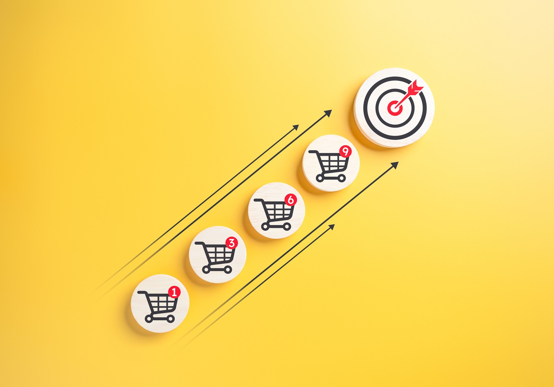 Round wooden with shopping cart icon and increasing trend-up line to target dartboard. Increase higher sale volume and shopping trolley cart for online e-commerce business and marketing strategy idea.